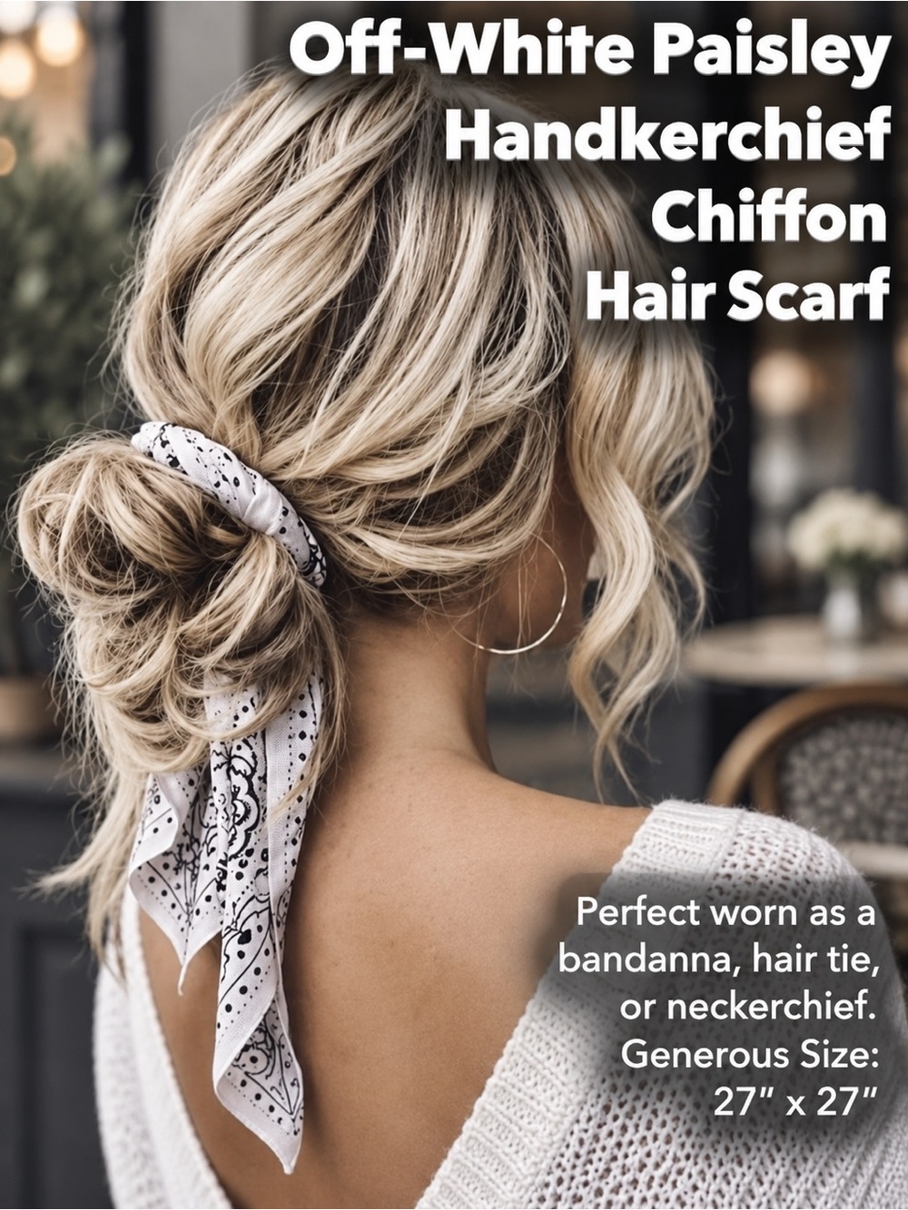 Chiffon Hair Scarf ~ Off White Paisley